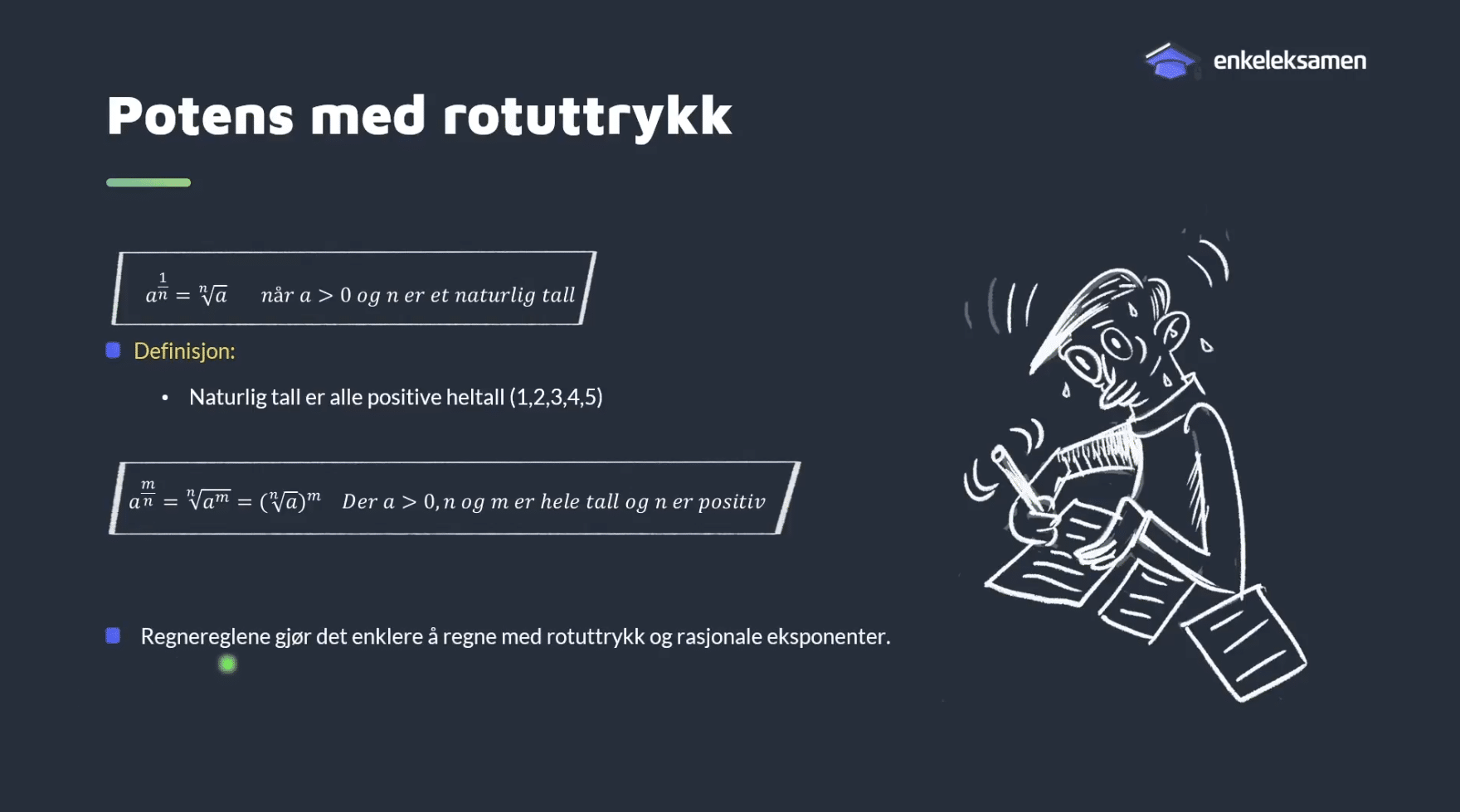 En digital tavle med overskriften potens og rotuttrykk, under er det noen ulike formler og en figur som skriver.