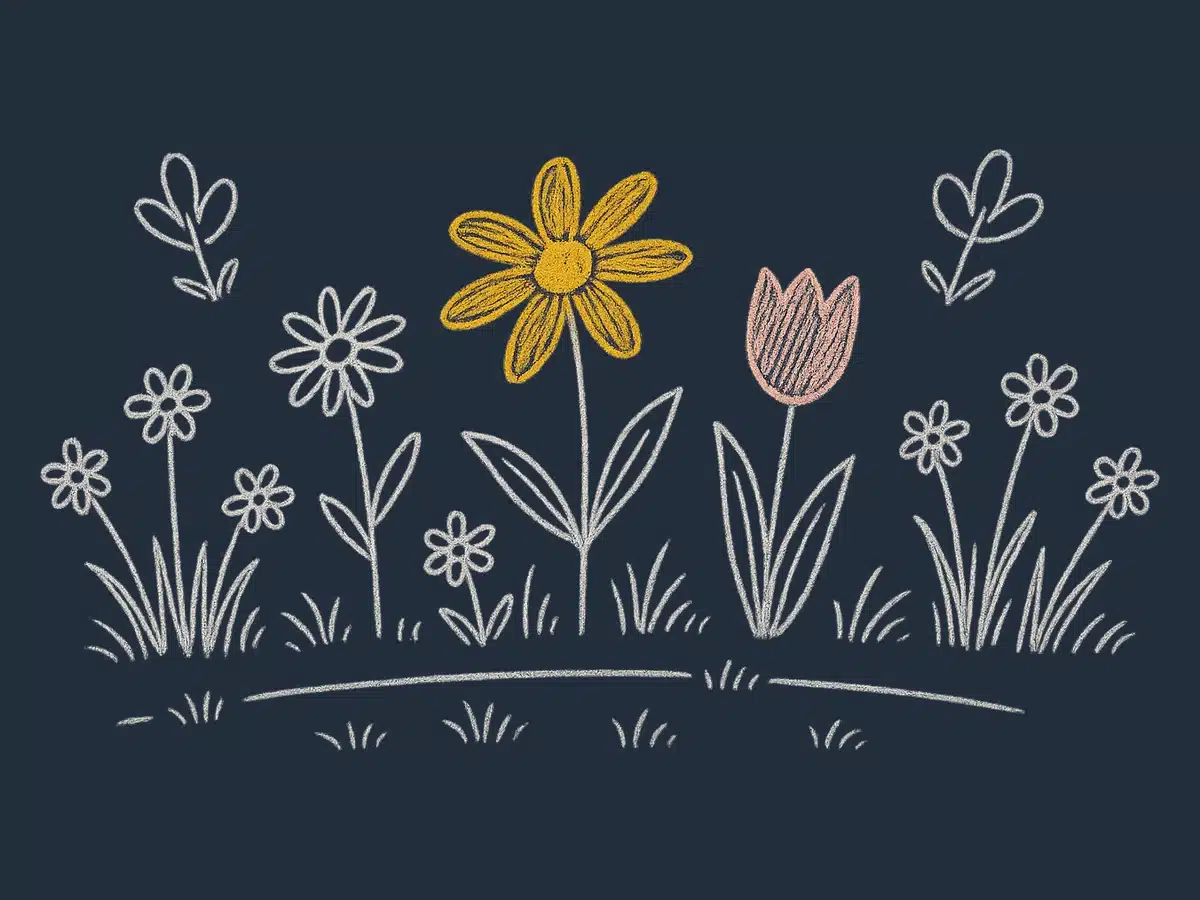 Ulike blomster og planter i en eng.