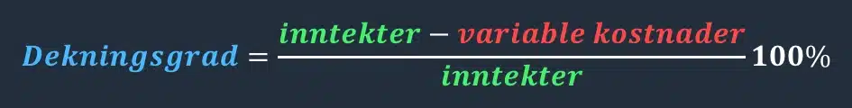 Dekningsgrad er inntekter minus variable kostnader, delt på inntekter, ganger 100 prosent.