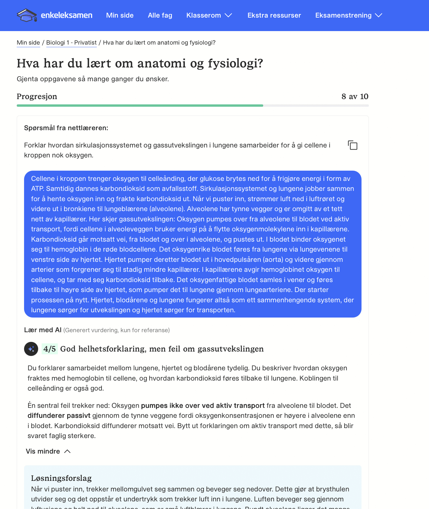 Fritekstoppgave i EnkelEksamen med umiddelbar tilbakemelding på studentens svar