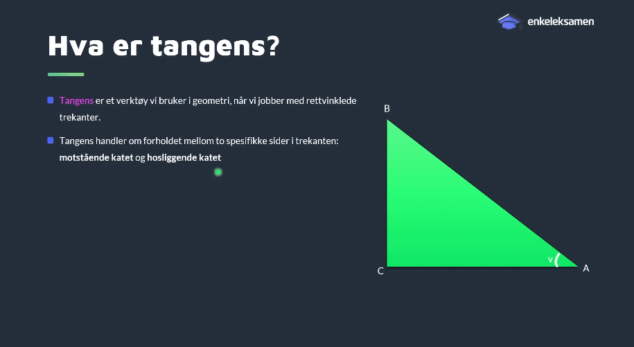 Digital tavle med teksten "Hva er tangens" og bilde av en rettvinklet trekant