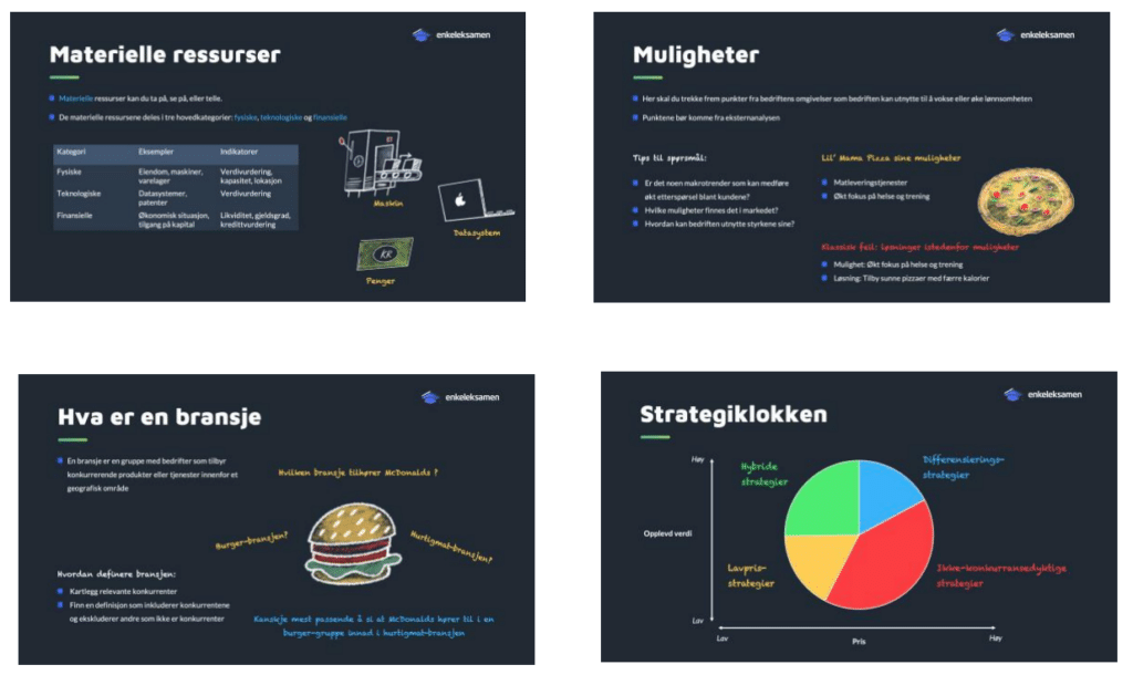 Skjermbilder fra eksamenskurset Strategi (EnkelEksamen)