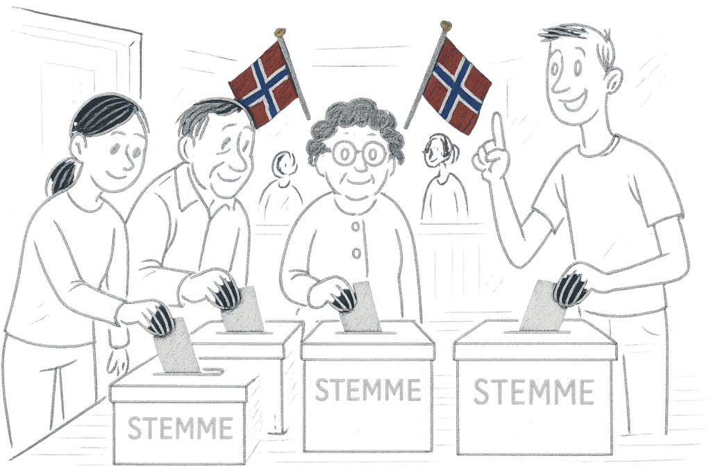 illustrasjon av norske innbyggere som stemmer ved det demokratiske valget