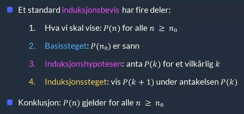 Oppskrift på induksjonsbevis: påstand, basissteg, induksjonshypotese, induksjonssteg og konklusjon.