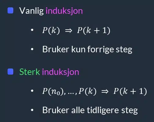 Sammenligning av vanlig induksjon og sterk induksjon, med P(k) og påstandene fra start til k.