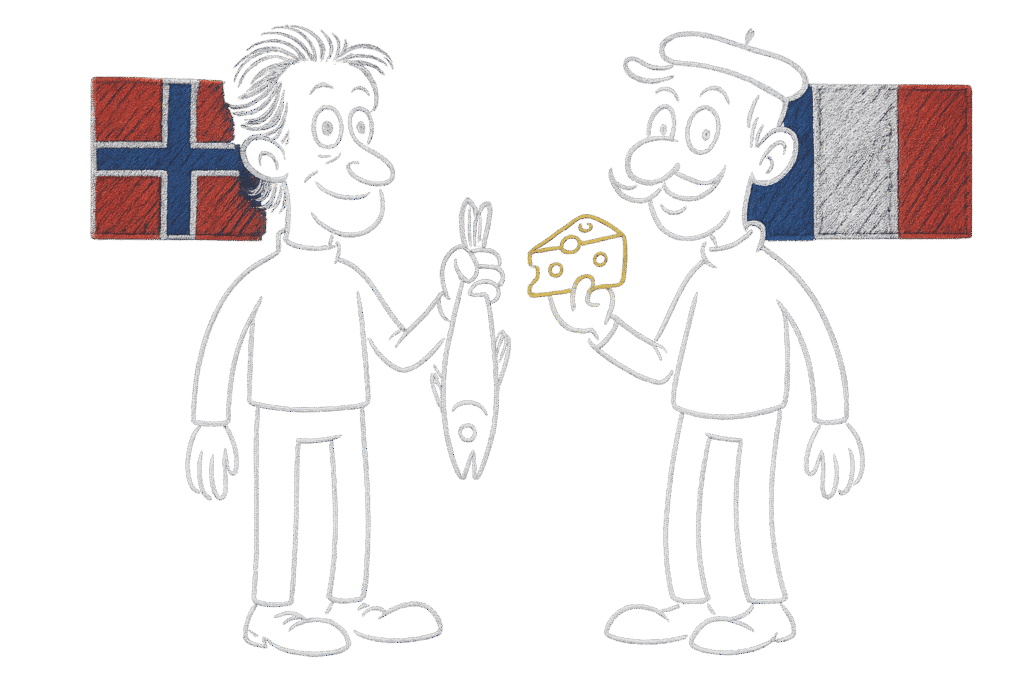 illustrasjon av en nordmann og franskmann som gjør et internasjonalt samarbeid og en transaksjon