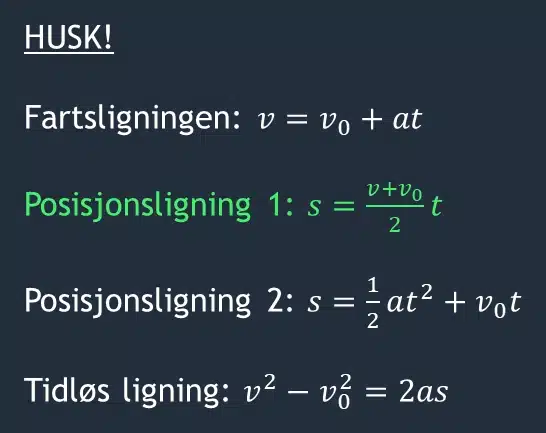 De fire bevegelsesligningene for konstant akselerasjon.