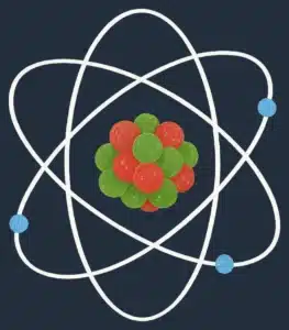 Forenklet atom med protoner og nøytroner i kjernen og elektroner rundt.