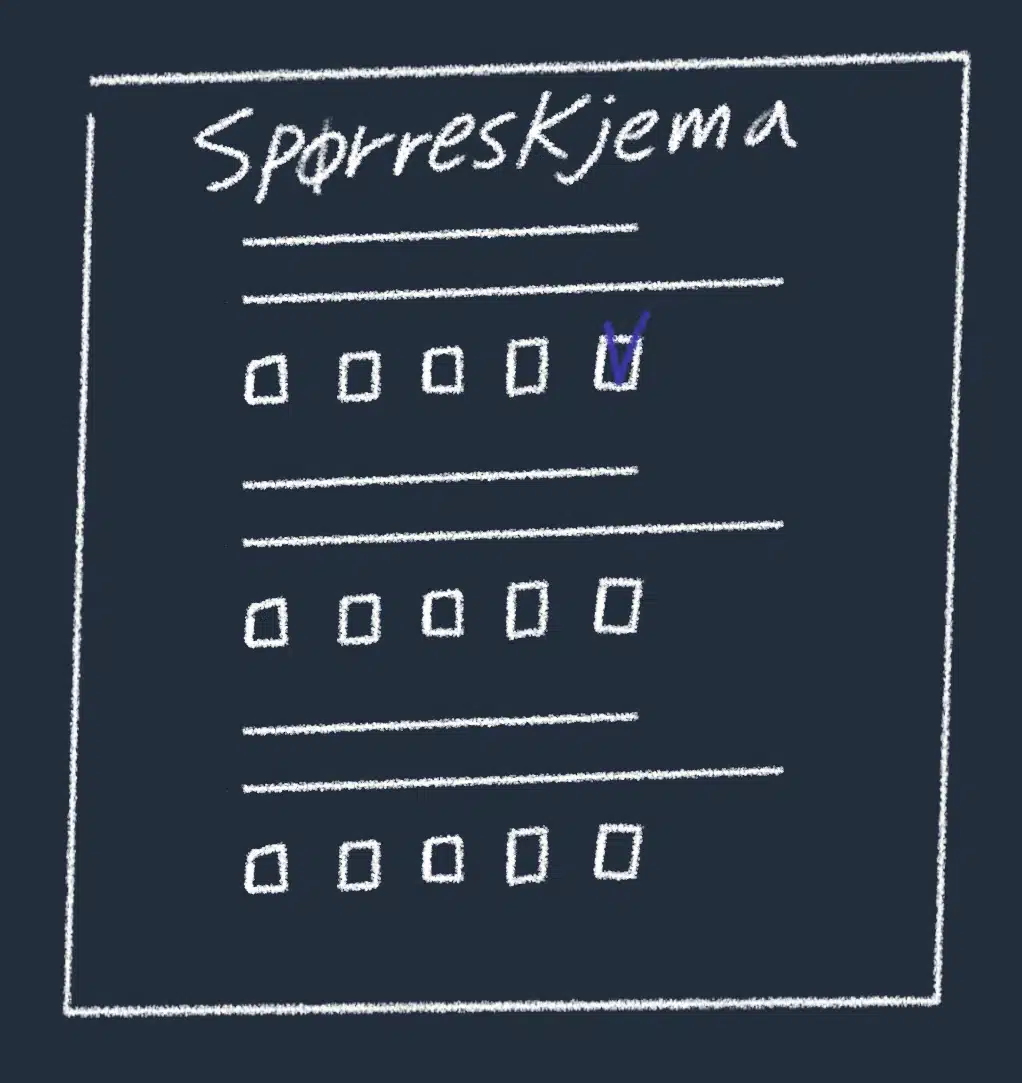 Tegning av et spørreskjema med avkrysningsbokser.